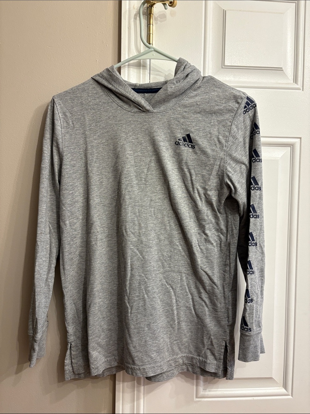 adidas Gray Hooded Long-Sleeve Shirt with Logo Tape Sleeve
